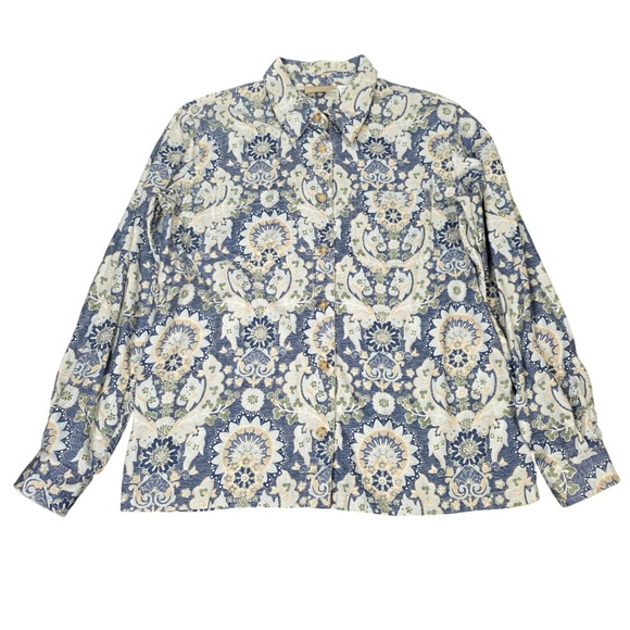 Liz Claiborne Tops - Liz Claiborne Lizwear Button Front Shirt Womens Size M Blue Floral Damask Cotton
